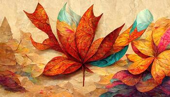 a painting of a bird sitting on a branch with leaves on it's branches and a sky background. photo