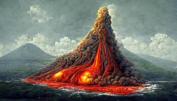 Volcano eruption in nature scene at night. photo