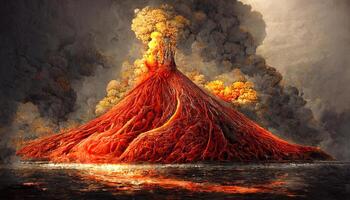 Volcano eruption in nature scene at night. photo