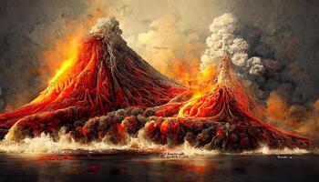 The volcano erupted with hot lava and black smoke covering the sky. Nature and disaster concept. photo