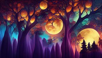 brillante lleno Luna en oscuro hada cuento bosque como fondo de pantalla diseño. generativo ai foto