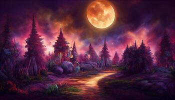 Exceptional Bright full moon over dark fairy tale forest. photo