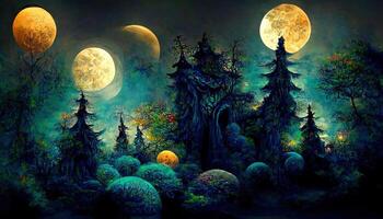 Bright moon over magical dark fairy tale forest at night. photo