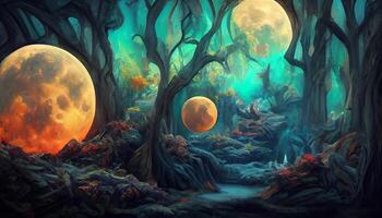 Exceptional Bright full moon over dark fairy tale forest. photo