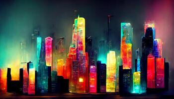 Neon megapolis background with buildings, skyscrapers. photo