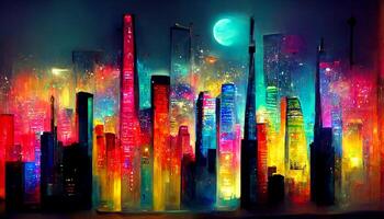 moderno ciudad dibujos animados vector noche paisaje.. generativo ai foto