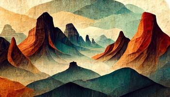 stylized mountain landscape with evening sun, drawing in pink and brown tones. photo