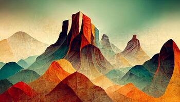 stylized mountain landscape with evening sun, drawing in pink and brown tones. photo