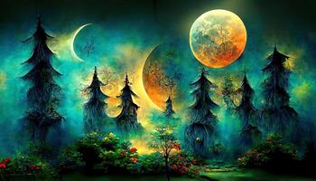 Wonderful Bright full moon in dark fairy tale forest as wallpaper design. photo