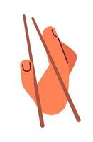 Properly holding chopsticks semi flat colour vector first view hand. Use hashi right handed correct. Editable cartoon style icon on white. Simple spot illustration for web graphic design and animation