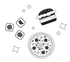 Popular orders at fast food chain monochrome concept vector spot illustration. Editable 2D flat bw cartoon composition for web UI design. Creative linear hero image for landings, mobile headers