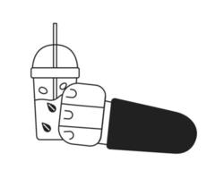 Holding green tea cup with straw monochromatic flat vector first view hand. Drinking matcha, smoothie. Editable thin line icon on white. Simple bw cartoon spot image for web graphic design, animation