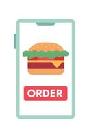 Mobile phone screen with fast food delivery app semi flat colour vector object. Burger order. Editable cartoon style icon on white. Simple spot illustration for web graphic design