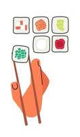 Taking maki roll with chopsticks out sushi set semi flat colour vector first view hand. Eating food. Editable cartoon style icon on white. Simple spot illustration for web graphic design and animation