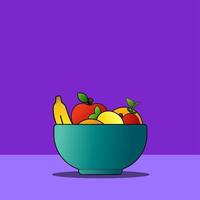 Still life vector illustration. Still life illustration of a bowl of fruit. Simple and relax of isolated of bowl of fruit for leisure design or painting art in purple background. Fruity basket design