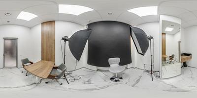 full spherical seamless hdri panorama 360 degrees in interior of small photo studio with lighting equipment in equirectangular projection, VR content