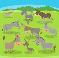 dibujos animados contento burros granja animal caracteres conjunto vector