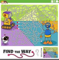 find the way maze game with cartoon robots characters vector