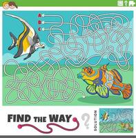 find the way maze game with cartoon fish animals vector