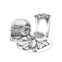 Hand-drawn sketch of burger, paper cup of cola and plate with slices of baked potatoes,  isolated. Monochrome junk food vintage illustration. Great for menu, poster or restaurant background. vector