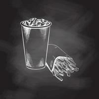 Hand-drawn white sketch of french fries in a carton  box and  paper cup of cola with ice   isolated on chalk background. Monochrome junk food vintage illustration. Great for menu, poster vector