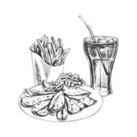 Hand-drawn sketch of french fries carton box,  cola glass and plate with slices of baked potatoes,  isolated. Monochrome junk food vintage illustration. Great for menu, poster vector