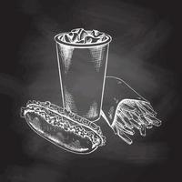 Hand-drawn white sketch of french fries in a carton box, hot dog and  paper cup of cola with ice  isolated on chalk background. Monochrome junk food vintage illustration. Great for menu, poster vector