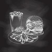 Hand-drawn white sketch of burger, paper cup of cola and plate with slices of baked potatoes on chalk background. Monochrome junk food vintage illustration. Great for menu, poster vector