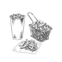 Hand-drawn sketch of french fries in metal mesh container  and  paper cup of cola with ice,  isolated. Monochrome junk food vintage illustration. Great for menu, poster or restaurant background. vector