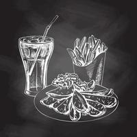 Hand-drawn white sketch of french fries carton box,  cola glass and plate with slices of baked potatoes  isolated on chalk background. Monochrome junk food vintage illustration. Great for menu vector