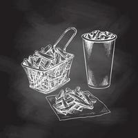 Hand-drawn white sketch of french fries in metal mesh container  and  paper cup of cola with ice  isolated on chalk background. Monochrome junk food vintage illustration. Great for menu, poster vector