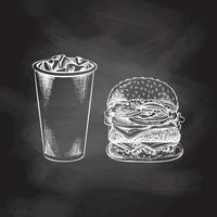 Hand-drawn white  sketch of burger, paper cup of cola with ice  isolated on chalk background. Monochrome junk food vintage illustration. Great for menu, poster or restaurant background. vector