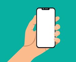 Hand holding phone, blank screen, phone mockup, application on touch screen device. Vector illustration