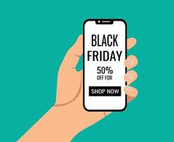 Black Friday sale. Hand holding smartphone with black friday sale on screen. Vector illustration