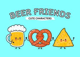 Cute, funny happy glass of beer, pretzel and nachos. Vector hand drawn cartoon kawaii characters, illustration icon. Funny cartoon glass of beer, pretzel and nachos mascot friends concept