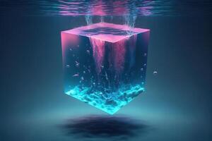 A cube with a blue and pink background under the water. Vapor wave background. photo