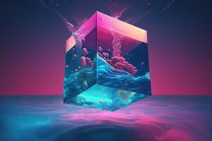A cube with a blue and pink background under the water. Vapor wave background. AI Generated photo