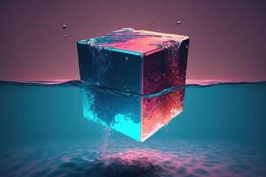 A cube with a blue and pink background under the water. Vapor wave background. photo