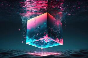 A cube with a blue and pink background under the water. Vapor wave background. photo