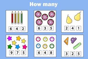 Counting educational children game, math kids activity sheet. How many objects task. Learning mathematics, numbers, addition theme vector