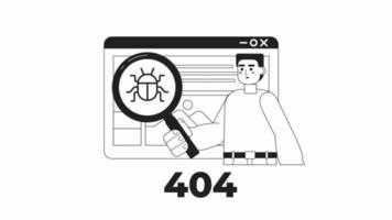 Animated bw debugging tool 404 error. Exploring. Empty state 4K video footage with alpha channel transparency. Flash message. Monochromatic failed loading animation for page not found, web UI design