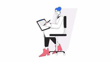 Doctor writes on clipboard animation. Animated female physician on office chair 2D cartoon flat colour line character. 4K video concept footage on white with alpha channel transparency for web design