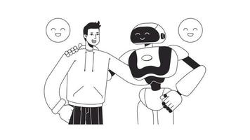Mensch umarmen ai bw Animation. animiert Hälfte Körper Mann mit Roboter 2d eben monochromatisch dünn Linie Figuren. positiv Einschlag 4k Video Konzept Aufnahmen mit Alpha Kanal Transparenz zum Netz Design
