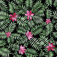 watercolor seamless pattern with tropical flowers and leaves. palm leaves on dark background vector