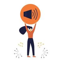 Girl stands and holds a volume button over her head. Vector