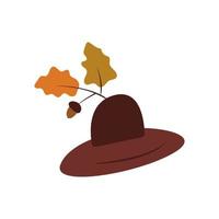 Hat with brim and autumn leaves. Cartoon vector isolated