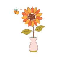 Cute sunflower and little bee in love. Vector doodle