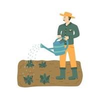 Man waters vegetables from watering can. Vector hand drawn