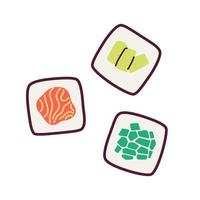 Tres maki rollos con pescado y vegetales semi plano color vector objeto. palta, salmón Sushi. editable dibujos animados estilo icono en blanco. sencillo Mancha ilustración para web gráfico diseño y animación