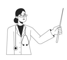 Professional doctor holding pointer stick flat line black white vector character. Editable isolated outline half body person. Simple cartoon style spot illustration for web graphic design, animation